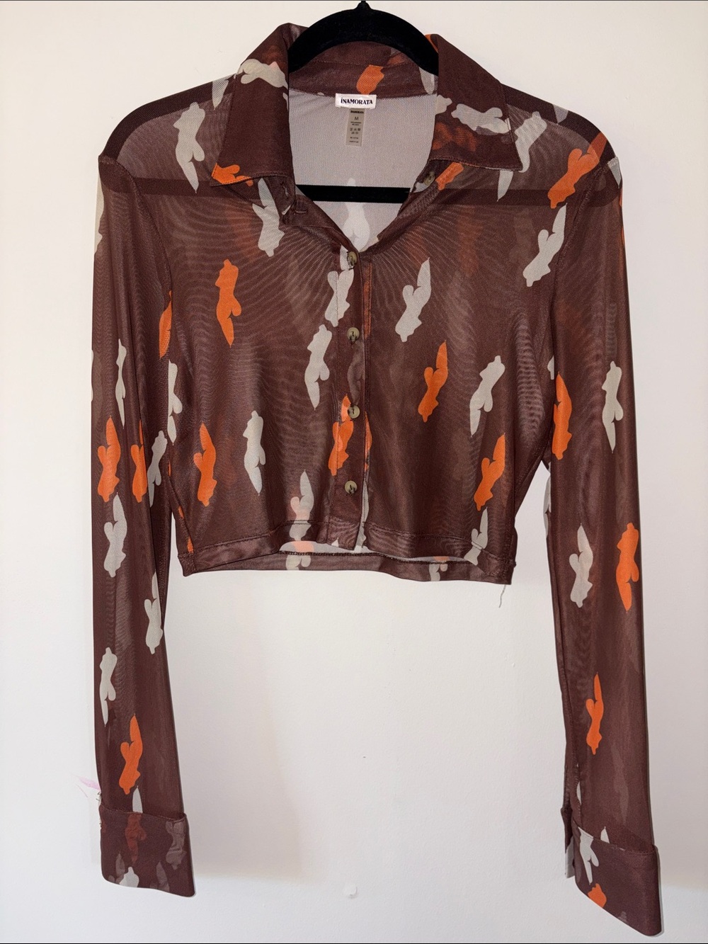 iNAMORATA- Size M Brown Sheer Cropped Button-Down with Orange & Cream Print